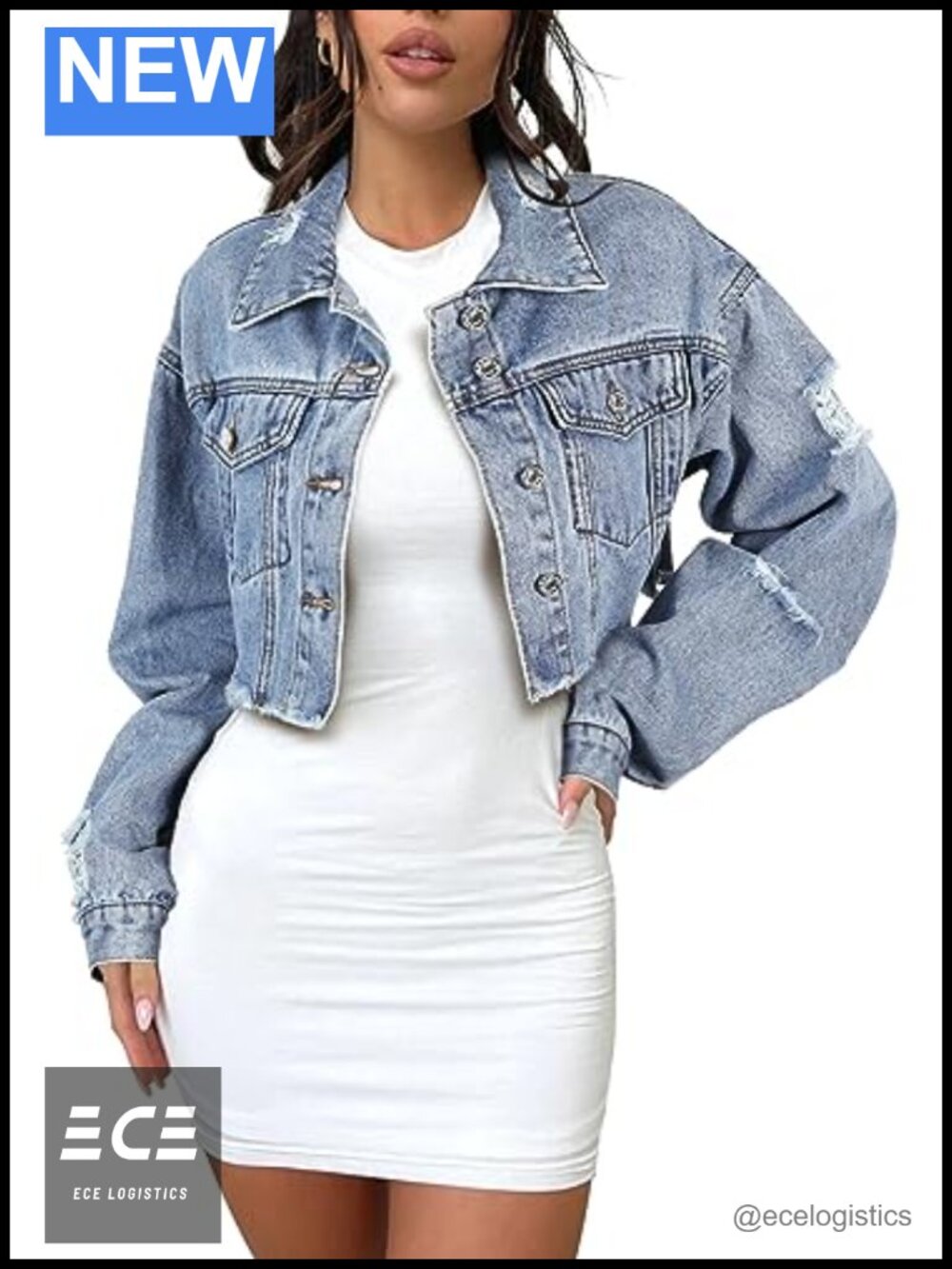 Women's Cropped Denim Jacket Frayed Hem Button Down Casual